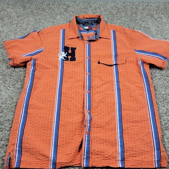 Tommy Hilfiger Shirt Mens Large Orange Seersucker Short Sleeve Striped Button Up - Picture 1 of 8